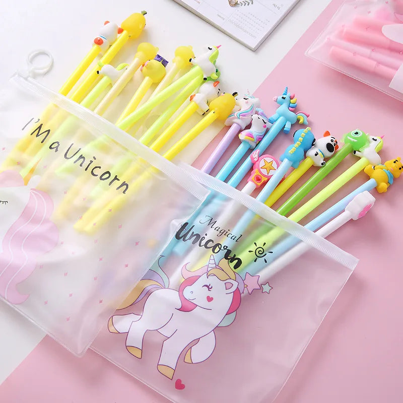 10Pcs / Set Cute Gel Pen Kawaii Random Pattern Unicorn Pony 0.5m Black Gel Ink Pen School Stationery Office Suppliers Gifts