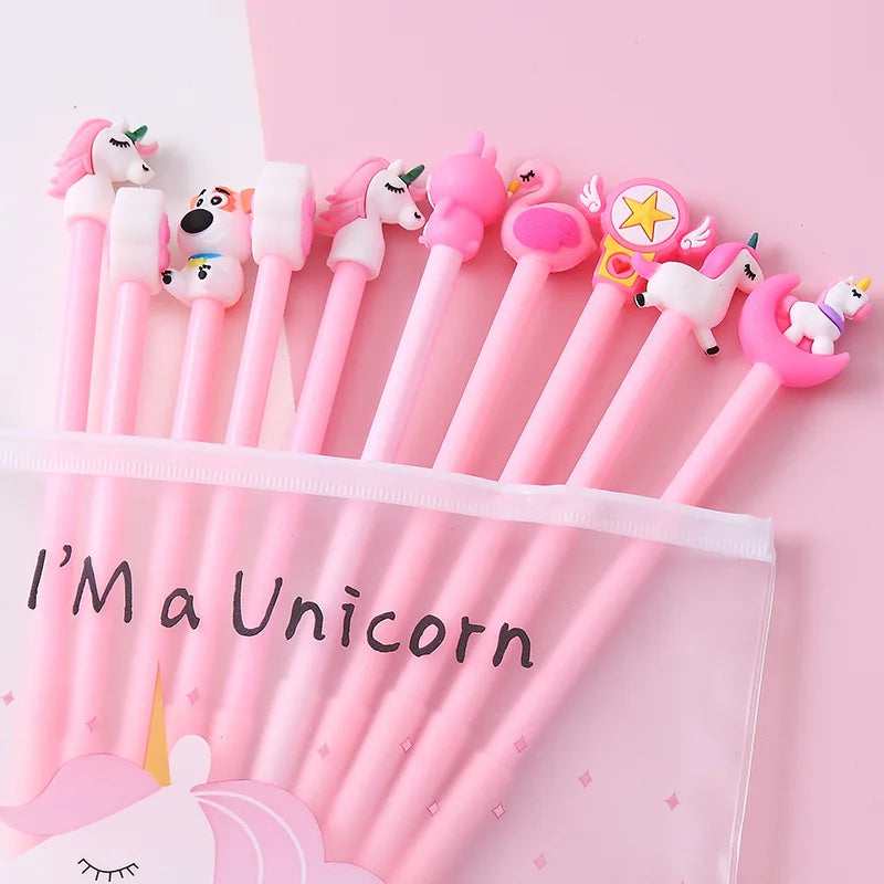 10Pcs / Set Cute Gel Pen Kawaii Random Pattern Unicorn Pony 0.5m Black Gel Ink Pen School Stationery Office Suppliers Gifts