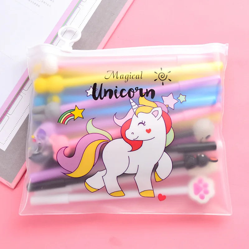 10Pcs / Set Cute Gel Pen Kawaii Random Pattern Unicorn Pony 0.5m Black Gel Ink Pen School Stationery Office Suppliers Gifts